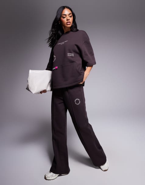 Weekend Collective flared trackies with pink embroidered graphic in chocolate - view 1