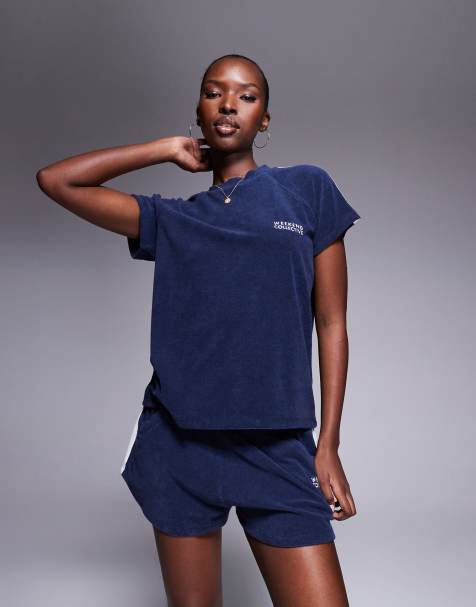 Weekend Collective – Frottee-T-Shirt in Marineblau, Kombiteil - view 1
