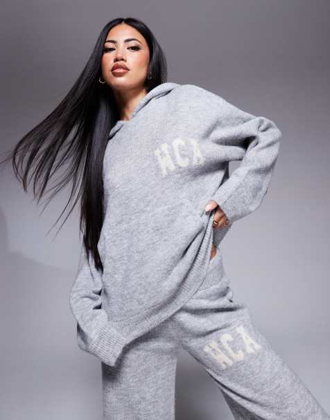 Weekend Collective - Gebreide hoodie met print in grijs, deel van co-ord set - view 1