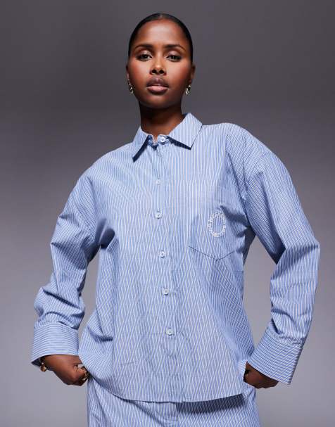 Weekend Collective - Gestreept overhemd in marineblauw en blauw, deel van co-ord set - view 1