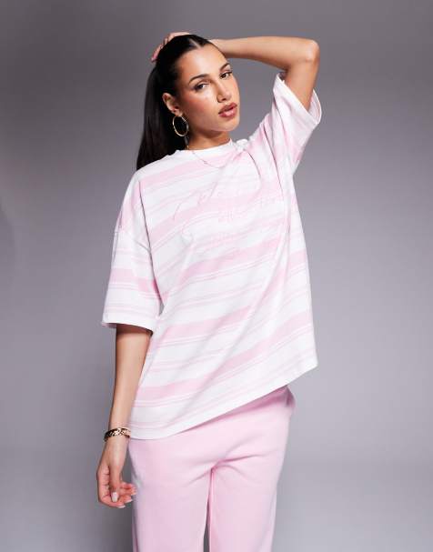 Weekend Collective – Gestreiftes T-Shirt in Rosa mit Logo-Stickerei - view 1