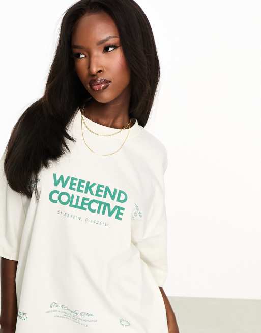 Weekend Collective – Gräddvit och grön t-shirt i oversize med grafiskt tryck, 3 av 4
