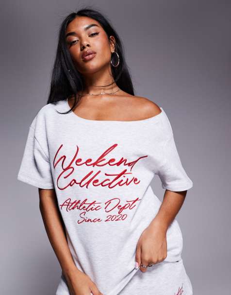 Weekend Collective - Gråmeleret og rød offshoulder-sweatshirt med tekstlogo - Del af sæt - view 1