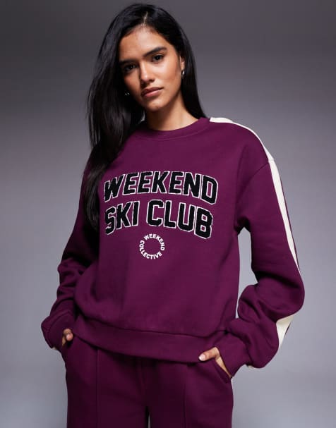 Weekend Collective co-ord heavyweight sweatshirt with ski club design in plum