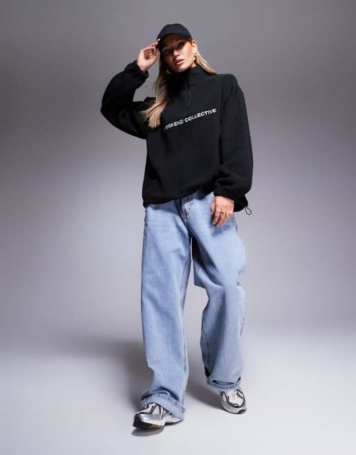 Weekend Collective half zip borg fleece with logo in black | ASOS