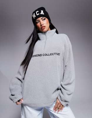 Weekend Collective half zip borg fleece with logo in grey