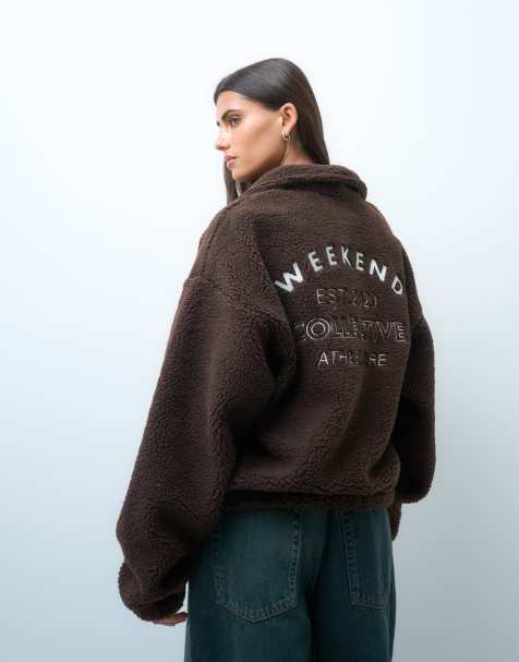Weekend Collective half zip borg sweatshirt with embroidery in chocolate - view 1
