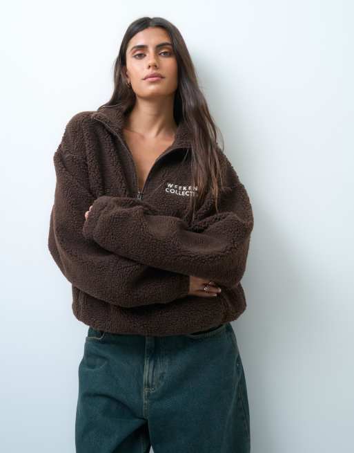 Weekend Collective half zip borg sweatshirt with embroidery in chocolate, 2 of 4