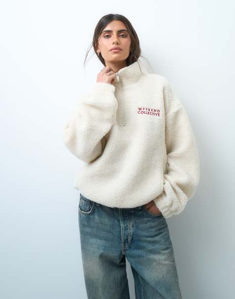 Weekend Collective half zip borg sweatshirt with embroidery in cream - view 1