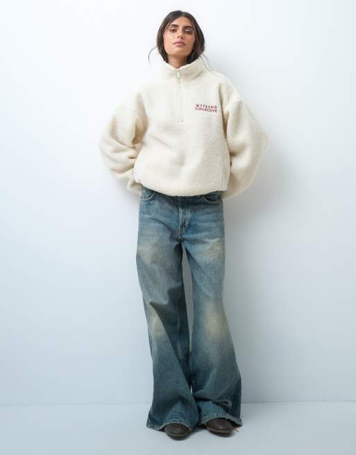 Weekend Collective half zip borg sweatshirt with embroidery in cream, 2 of 4