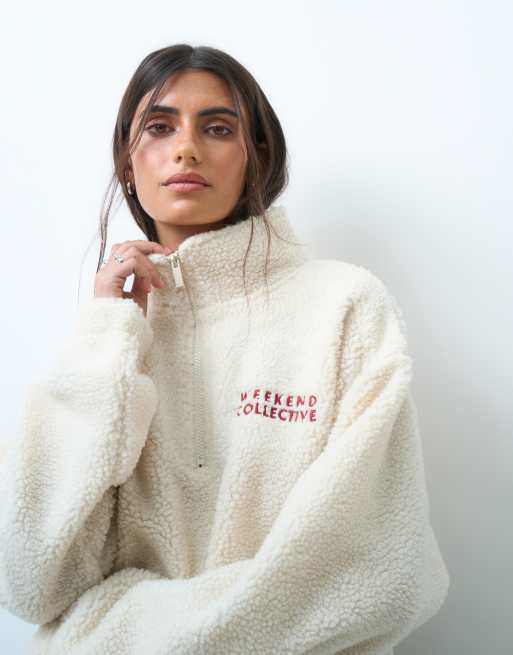 Weekend Collective half zip borg sweatshirt with embroidery in cream, 3 of 4