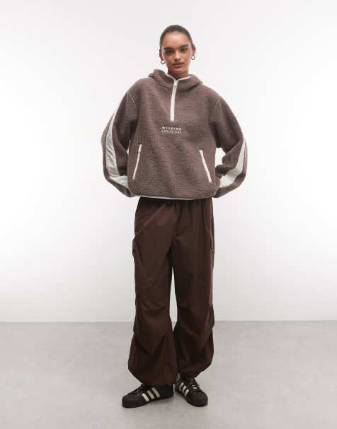 Weekend Collective half zip colour block borg hoodie with nylon panel in mushroom and cream - view 1