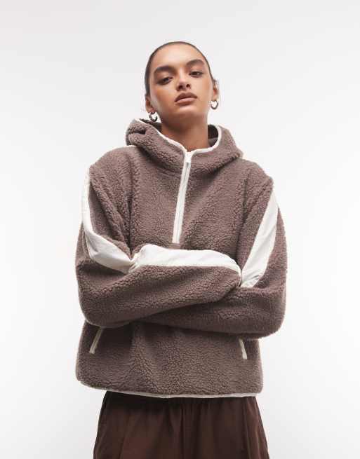Weekend Collective half zip colour block borg hoodie with nylon panel ...