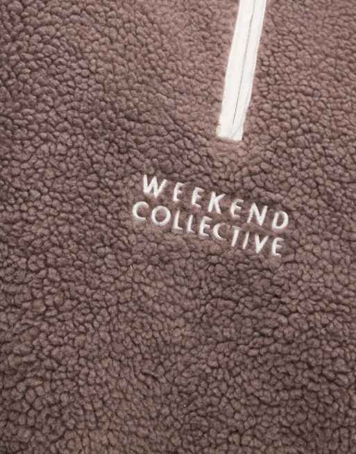 Weekend Collective half zip colour block borg hoodie with nylon panel ...