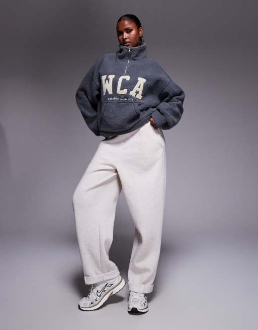Weekend Collective half zip cropped borg in grey with varsity graphic detail, 2 of 4