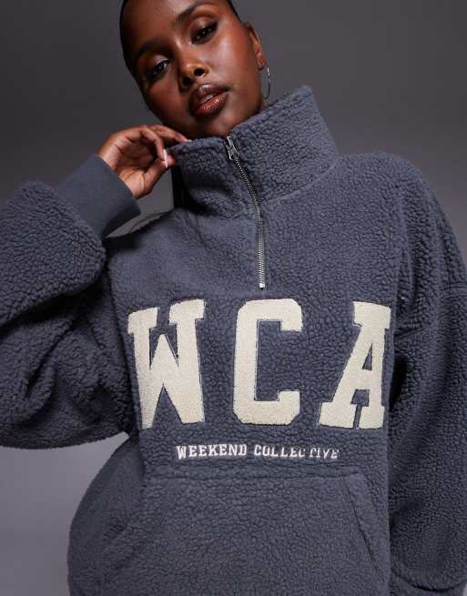 Weekend Collective half zip cropped borg in grey with varsity graphic detail, 3 of 4