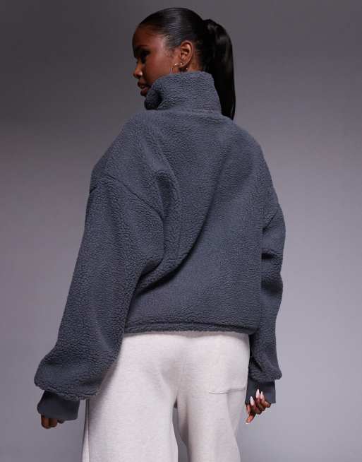 Weekend Collective half zip cropped borg in grey with varsity graphic detail, 4 of 4