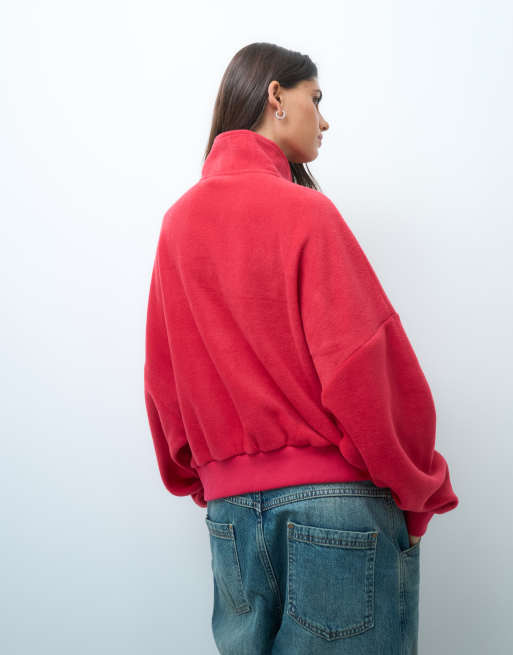 Weekend Collective half zip polar fleece with stripe logo detail in red with burgundy stripe, 4 of 4