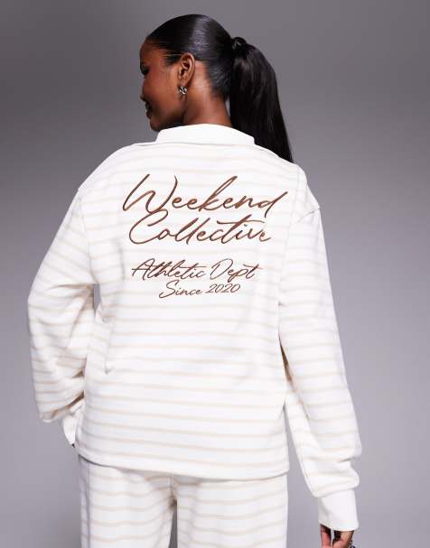 Weekend Collective half zip sweatshirt in cream stripe with scribble graphic embroidery - view 1