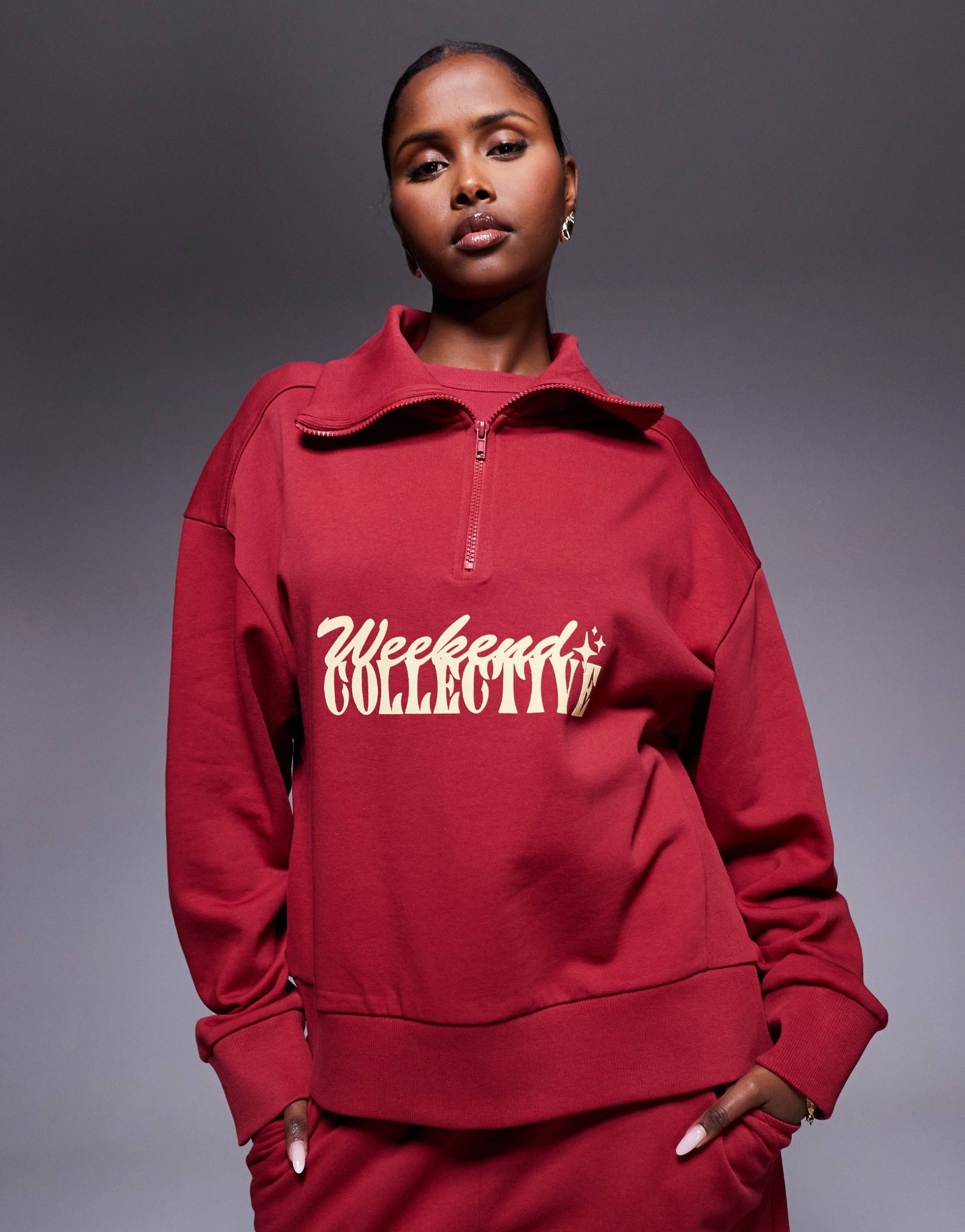 weekend collective half zip sweatshirt with mixed font graphic in burgundy