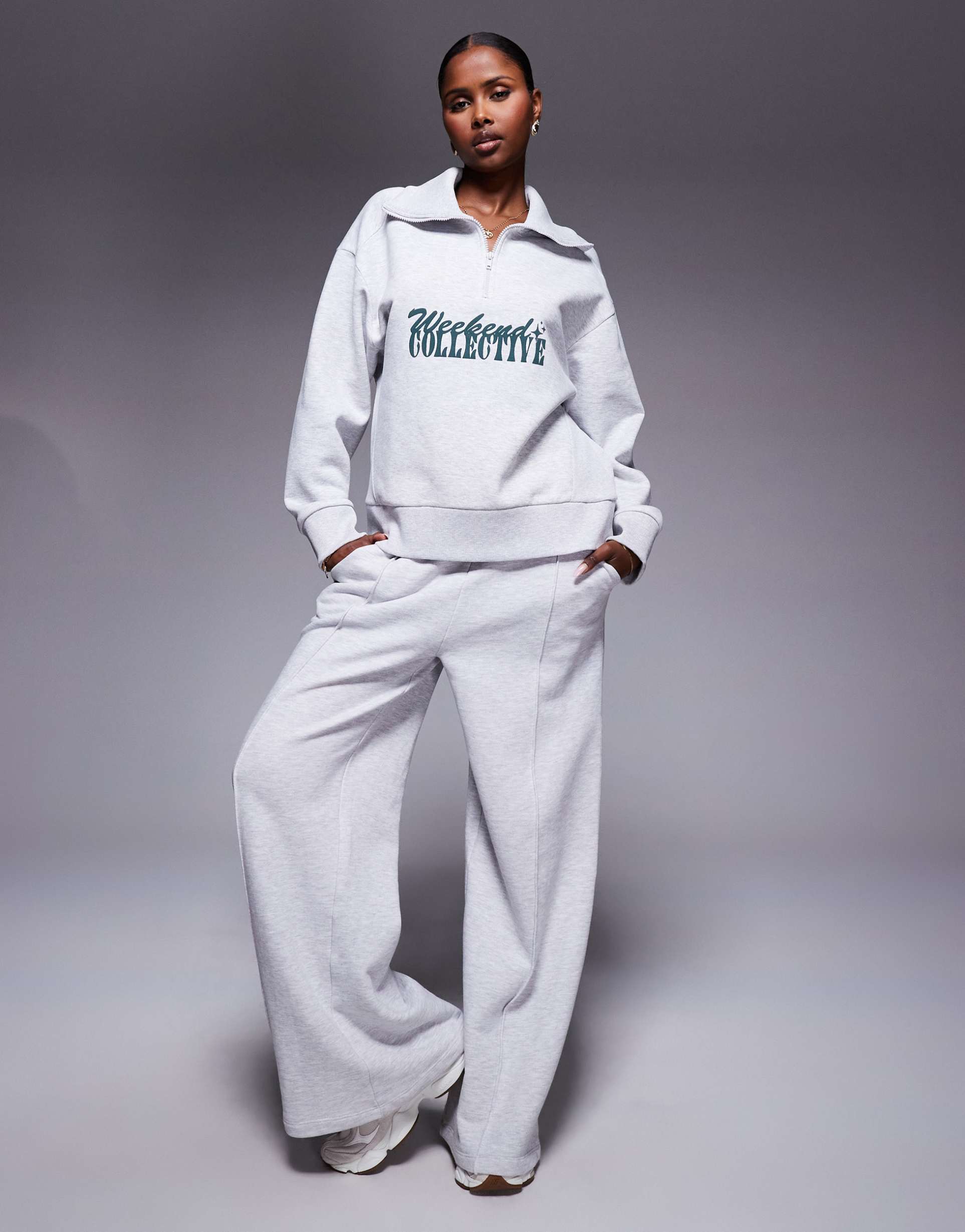 weekend collective half zip sweatshirt with mixed font graphic in heather gray