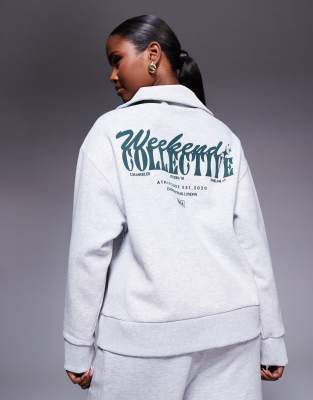 Asos Weekend Collective Weekend Collective Half Zip Sweatshirt With Mixed Font Graphic In Gray