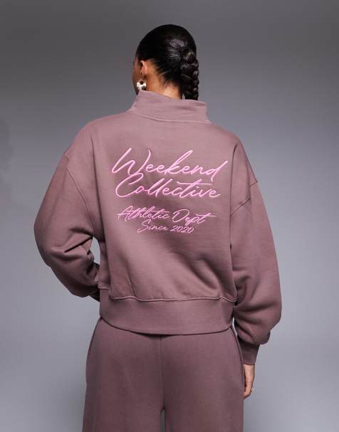 Weekend Collective co-ord heavyweight funnel neck sweat with scribble embroidery in chocolate