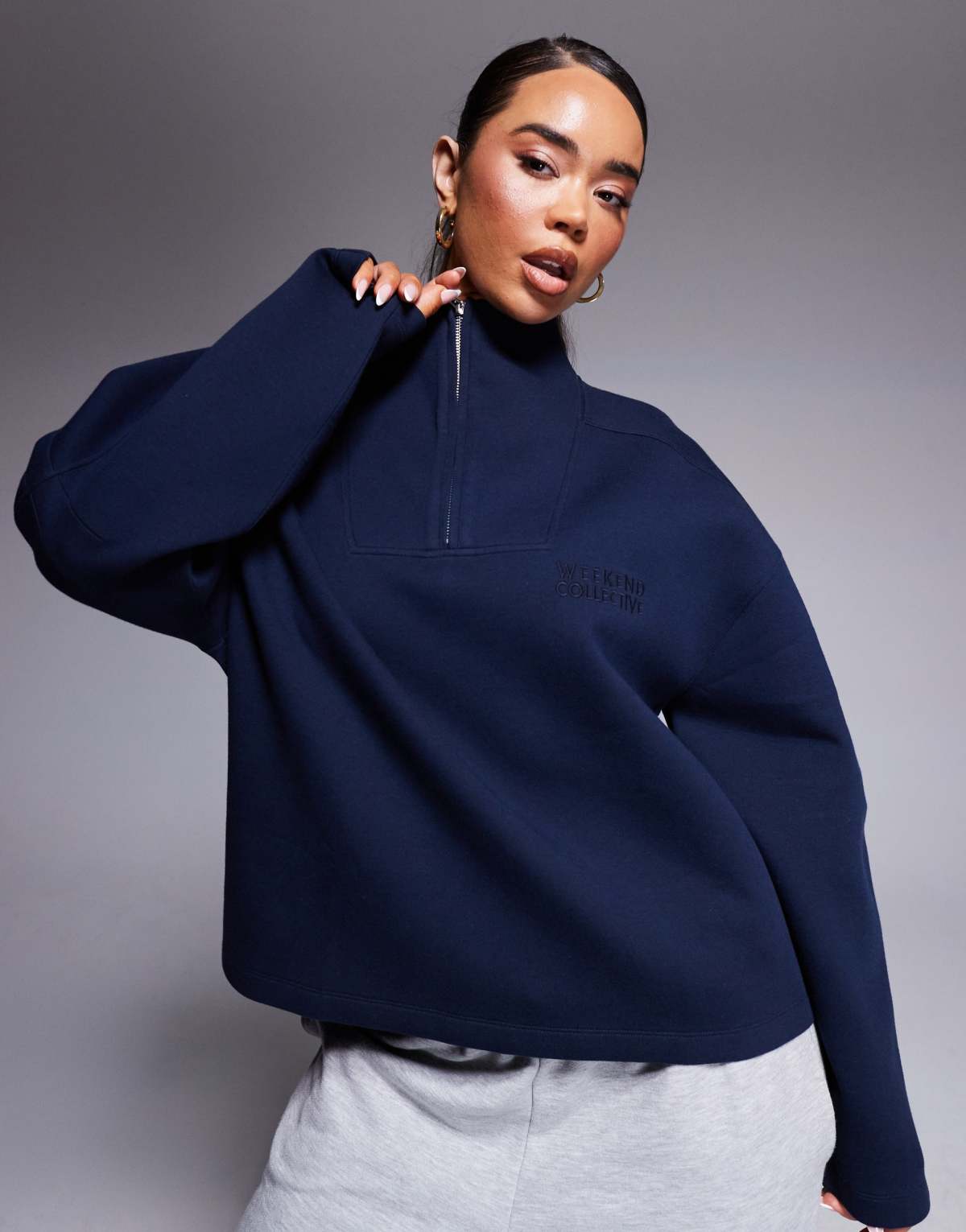 Weekend Collective heavyweight half zip sweatshirt with logo in navy