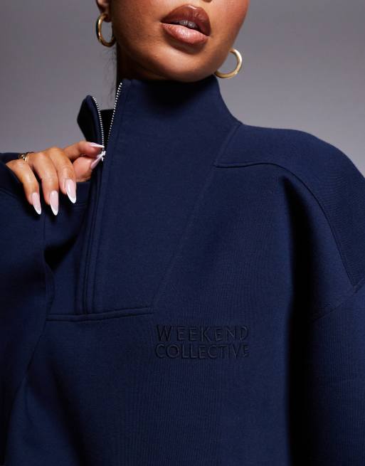 Weekend Collective heavyweight half zip sweatshirt with logo in navy , 4 of 4