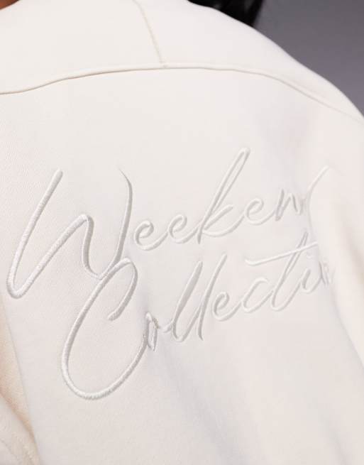 Weekend Collective heavyweight zip through bomber jacket sweat with back scribble graphic in stone, 4 of 4