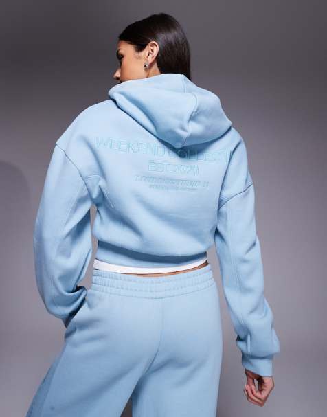 Weekend Collective heavyweight zip-through hoodie with rib panels in dusky blue (Part of a set) - view 1