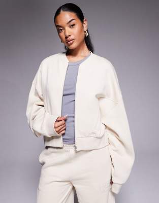 Asos Weekend Collective Weekend Collective Heavyweight Zip Up Bomber Sweatshirt With Back Scribble Graphic In Neutral