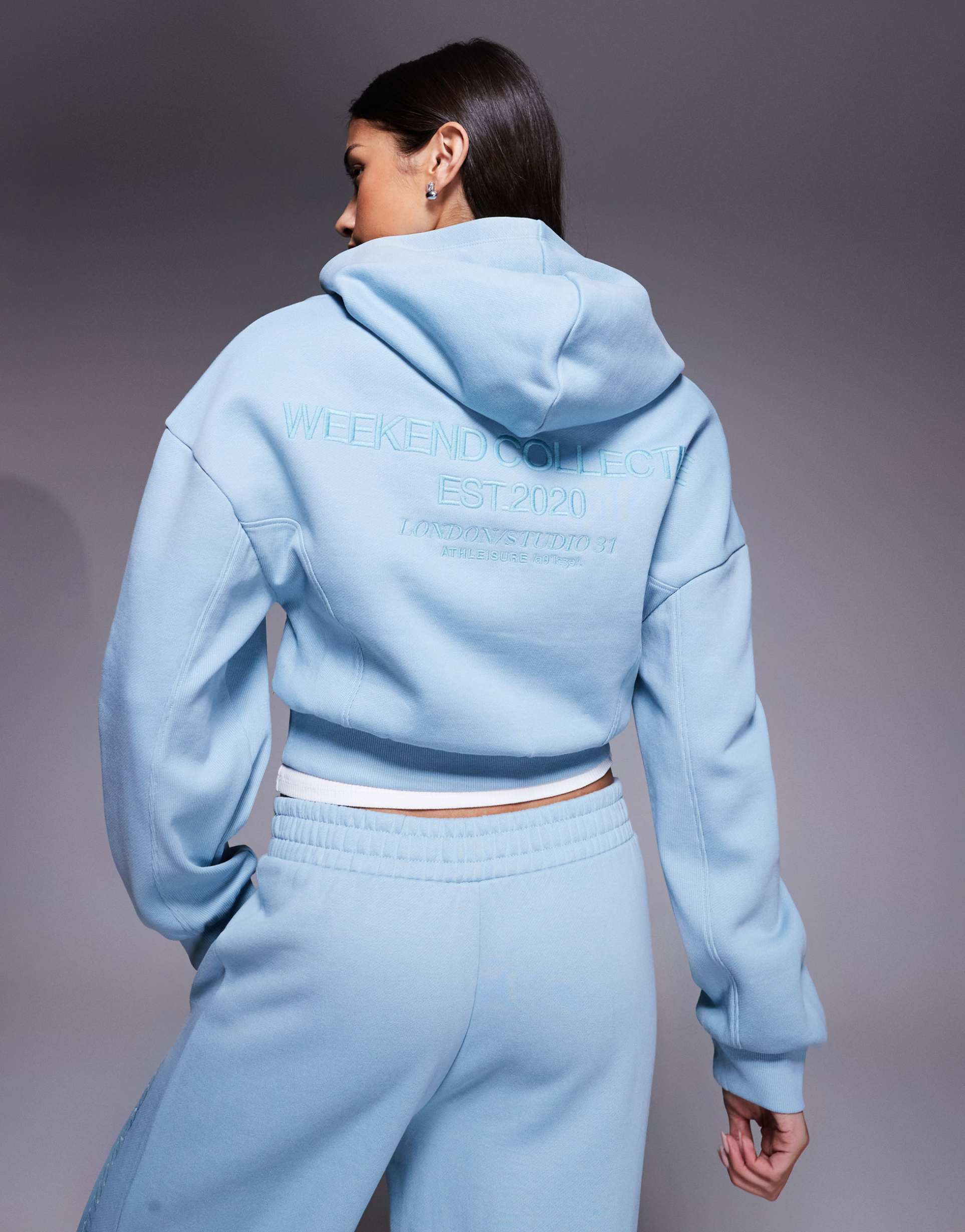 weekend collective heavyweight zip up hoodie with ribbed panels in dusky blue - part of a set