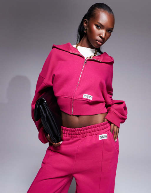 Weekend Collective heavyweight zip up hoodie with woven label in burgundy pink - part of a set
