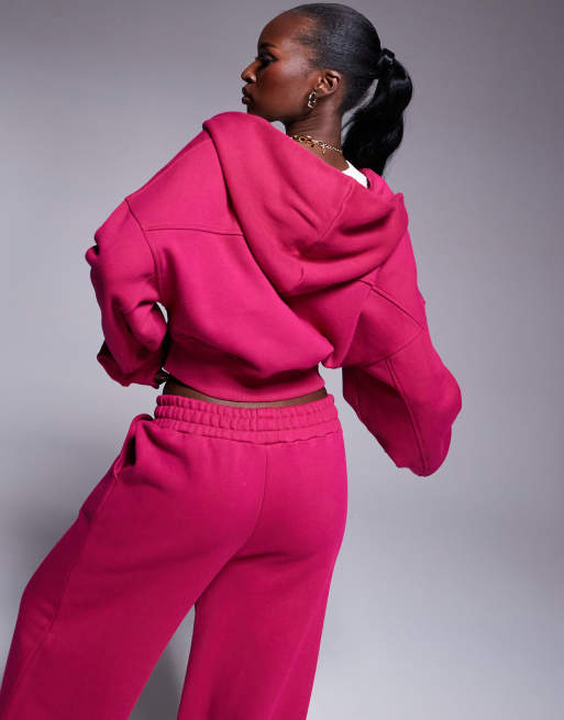 Weekend Collective heavyweight zip up hoodie with woven label in burgundy pink - part of a set