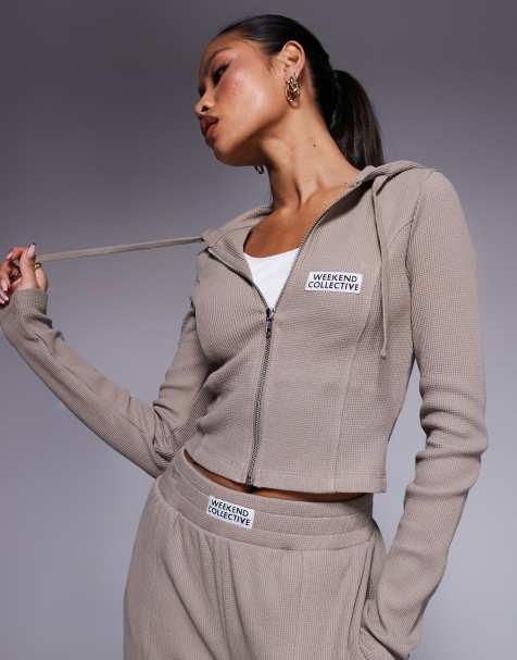 Weekend Collective - Hoodie met wafelstructuur en ritssluiting in neutraal, deel van co-ord set - view 1