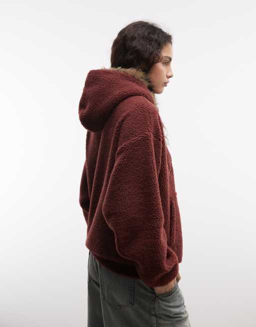 Weekend Collective hoodie oversize en borg à capuche bordée de faux-fur, bordeaux, 4 de 4
