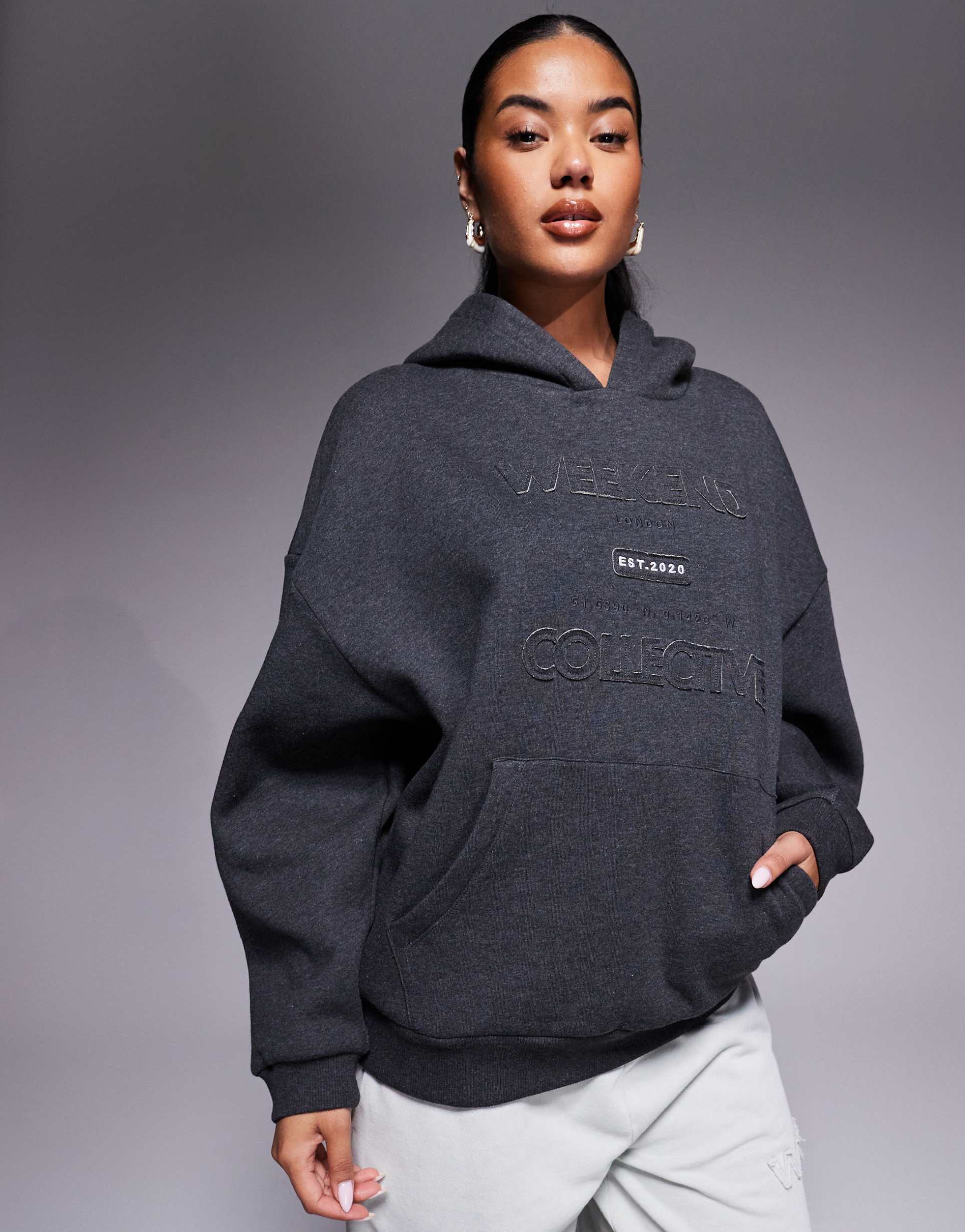 weekend collective hoodie with applique graphic in charcoal heather