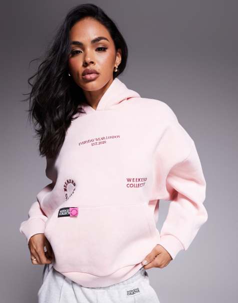 Weekend Collective hoodie with bright pink label detail in washed pink - view 1