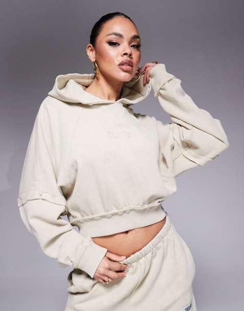 Weekend Collective hoodie with hi-lo exposed seam detail in washed stone (part of a set) - view 1