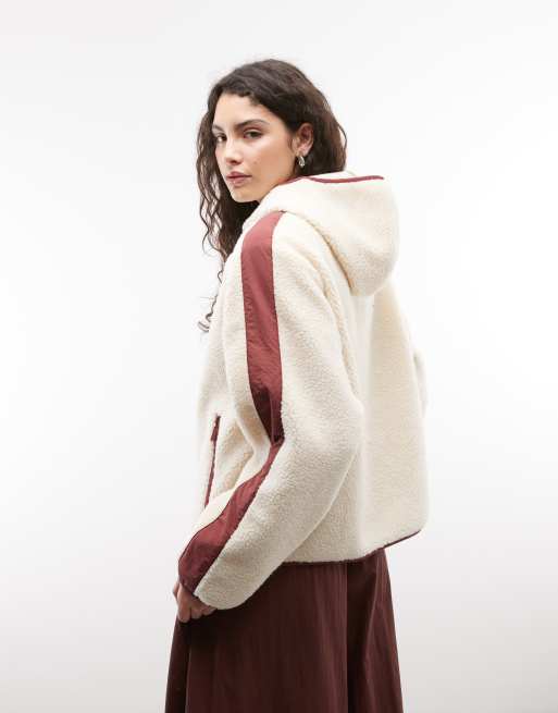 Weekend Collective hættetrøje med halv lynlås, farveblok-design og borg med nylonpanel i creme og bordeaux, 4 af 4