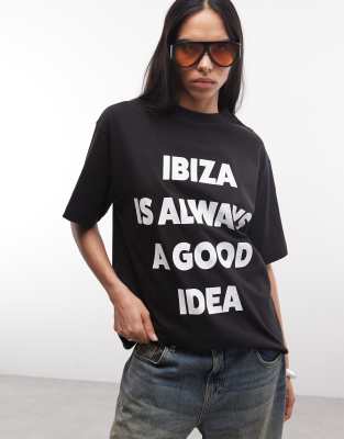 Asos Weekend Collective Weekend Collective Ibiza Slogan Oversized T-shirt In Black