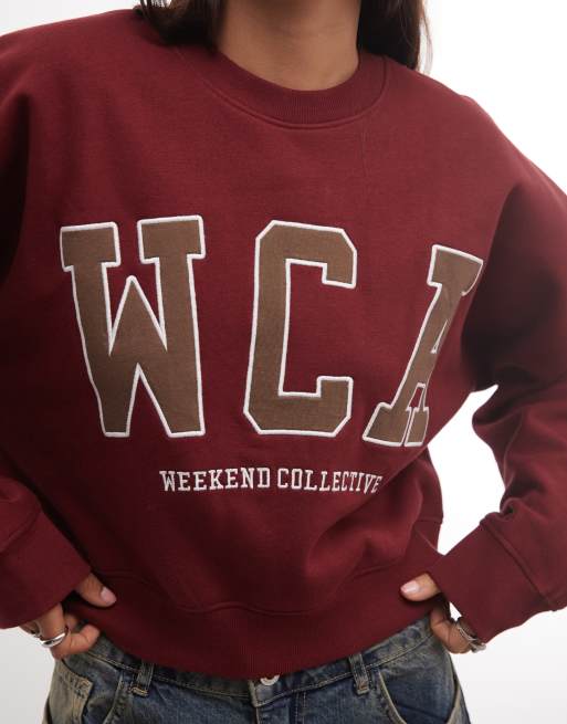 Weekend Collective Icon batwing sweatshirt with varsity graphic in red, 3 of 4