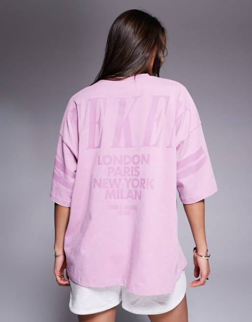 Weekend Collective - Icon - Forvasket lilla oversized kortærmet top med stablet logoprint på ryggen