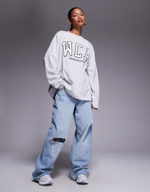 Weekend Collective - Icon - Gråmeleret oversized T-shirt med lange ærmer og 'WCA'-grafik, 4 af 4