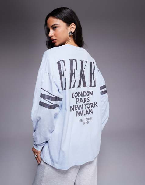 Weekend Collective Icon long sleeve T-shirt dress with stacked back logo in gray and dusky blue - view 1