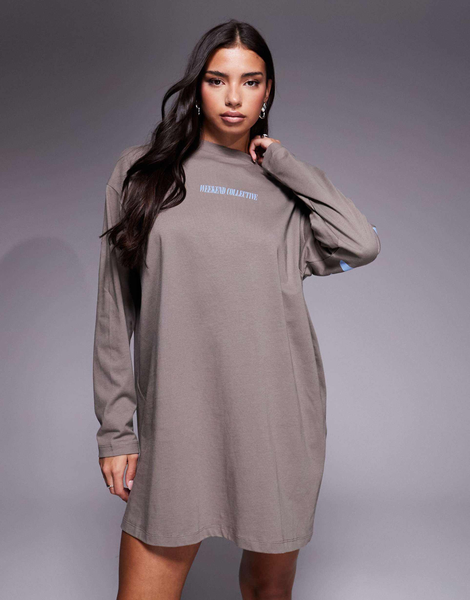 weekend collective icon long sleeve t-shirt dress with stacked back logo in gray and dusky blue