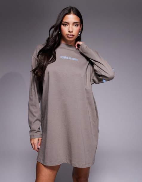 Weekend Collective Icon oversized long sleeve t-shirt dress with stacked back logo in grey and dusky blue