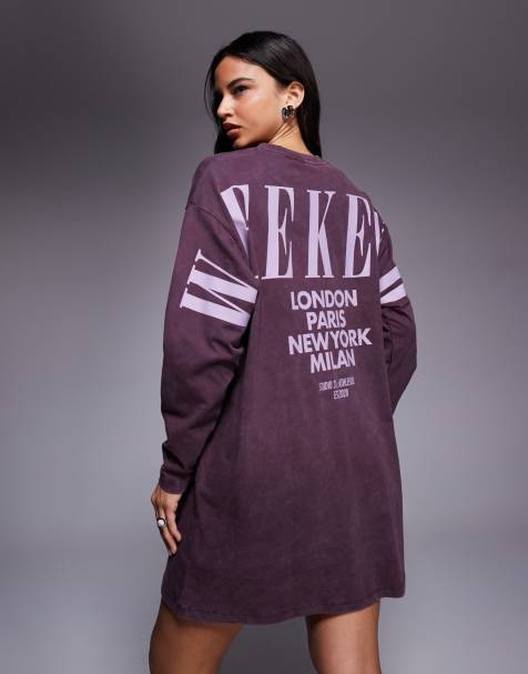 Weekend Collective Icon long sleeve t-shirt dress with stacked back logo in washed plum