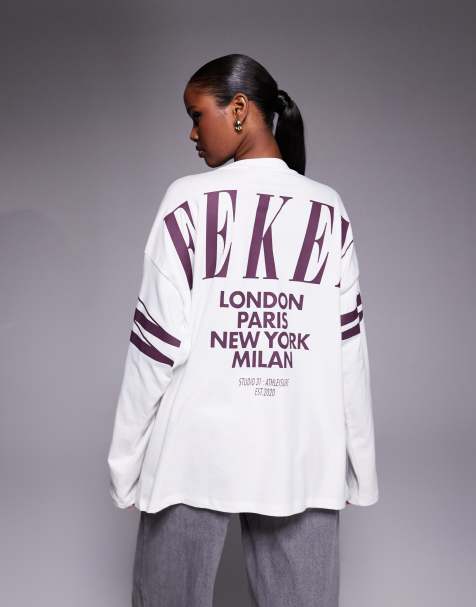 Weekend Collective Icon long sleeve T-shirt with stacked back logo in cream and plum - view 1
